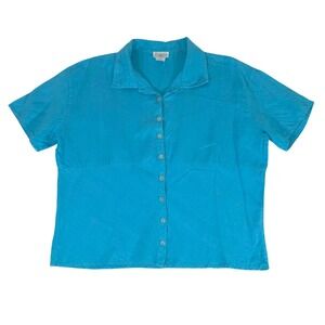 Aegean Linen Button Up Shirt Medium Turquoise Blue Boxy Oversized Beachy Coastal
